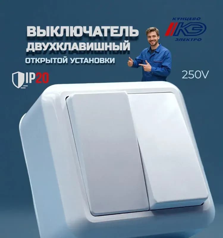 Выключатель 2-клавишный белый открытая проводка