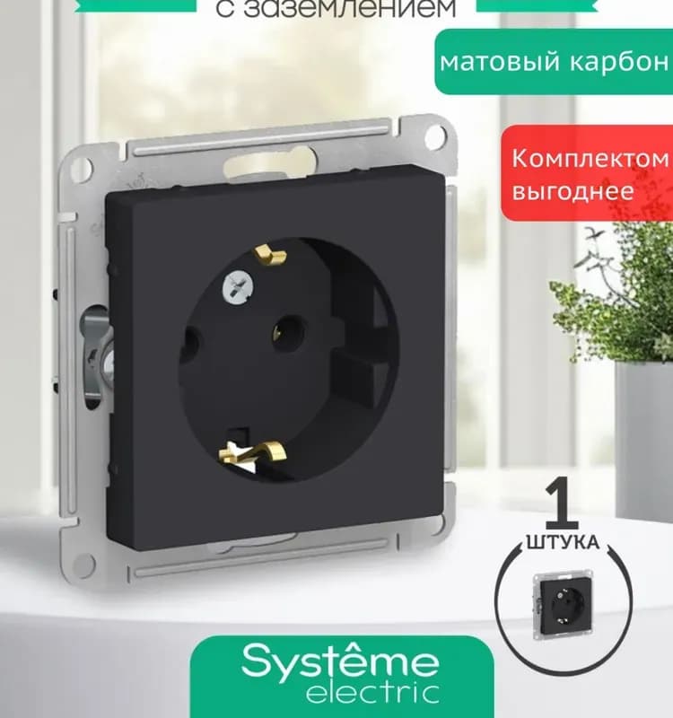 Schneider розетка чёрная двухместная с заземлением