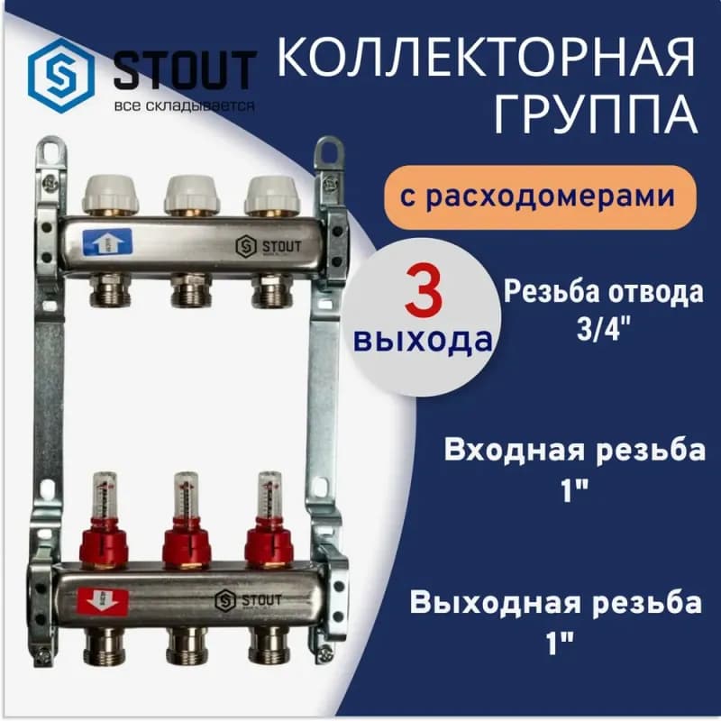 Stout коллектор с расходомером 1" - 3/4 / 12 выходов