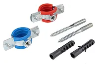 Хомут мет. 3/4" M8 (25-28мм) с дюбелем / красный, синий