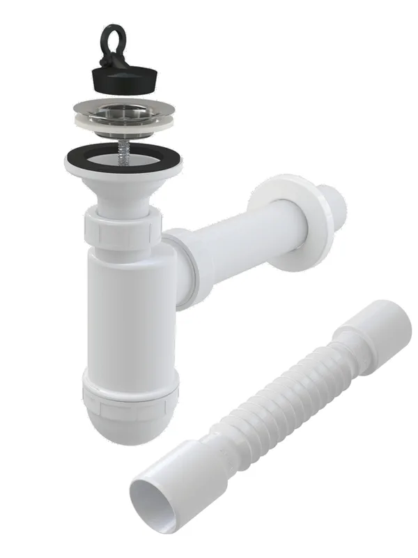 AlcaPlast Сифон для раковины A41+A710 32 мм, бутылочный, хром, с пробкой, с выпуском для раковины